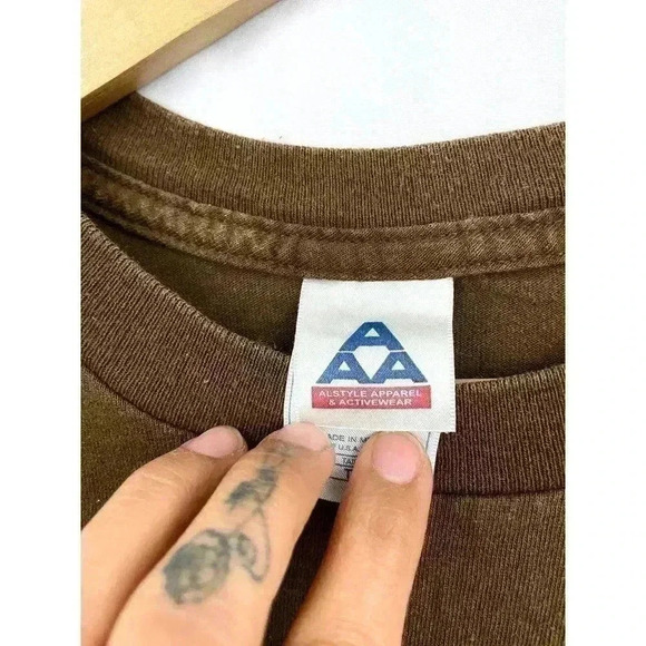 VTG Chaos Panic Disorder My Work is DONE Here Brown T-Shirt XL Y2K - Picture 6 of 6